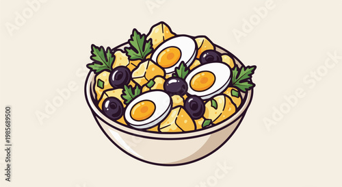 Delicious potato salad with olives and eggs in a bowl