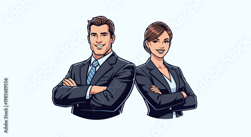 Confident man and woman in suits, arms crossed, smiling