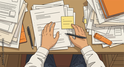 First-person view of hands working on paperwork at a cluttered office desk setup