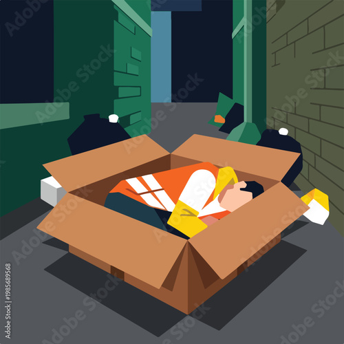 A person wearing a safety vest sleeps inside a cardboard box in a dark alleyway