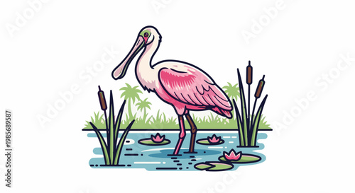 Pink bird with spoon-shaped beak standing in water with lilies and reeds