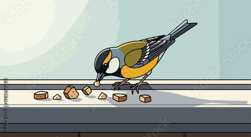 A small colorful songbird stands on a ledge picking at scattered bread crumbs