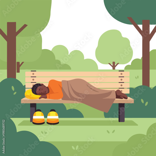 A homeless person sleeping under a blanket on a wooden park bench in a forest