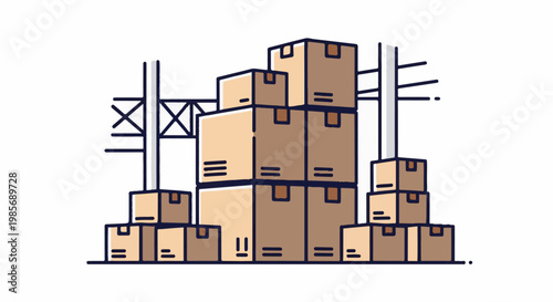 Stacked cardboard boxes on shelving units, warehouse storage, logistics