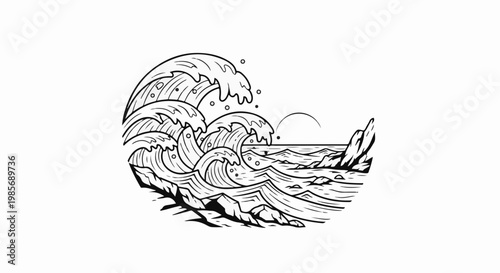 A stylized, circular depiction of ocean waves crashing against rocks near shore