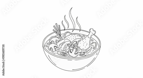 Steaming bowl of hearty soup with chicken, mushrooms, and noodles