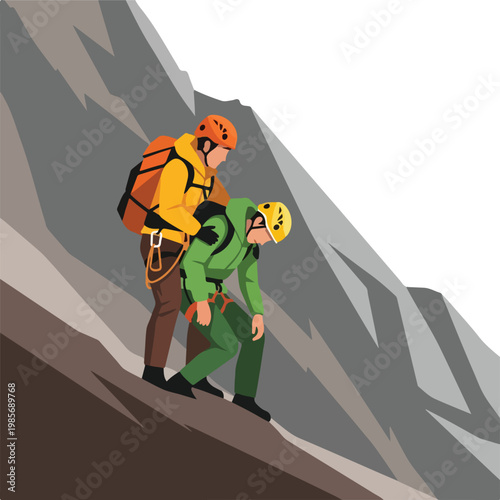 A climber helps an injured companion descend a steep, rocky mountain slope