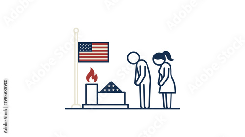 Memorial Ceremony with American Flag and Mourners