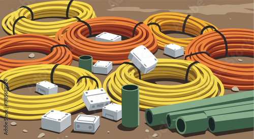 Coiled electrical cables, plastic conduit pipes, and junction boxes on the ground