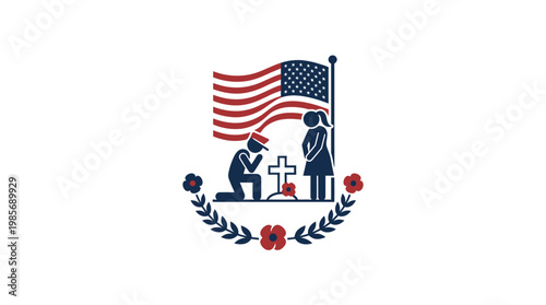 Memorial Day Praying Soldier and Mourning Woman with American Flag