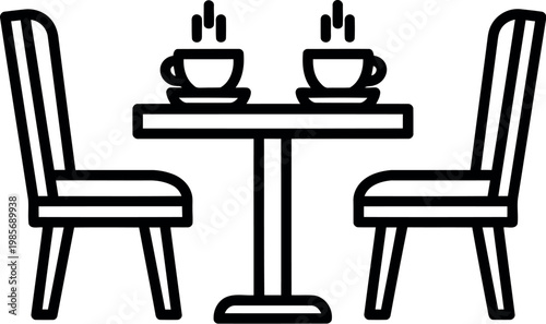 Simple line art icon of a table with two chairs and coffee cups