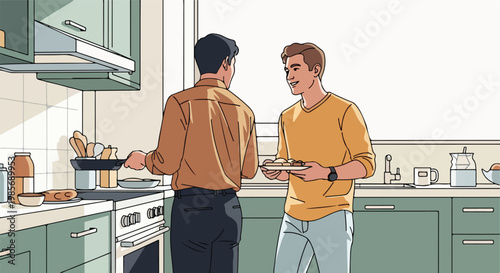 Two men in a kitchen, one cooking on a stove while the other holds a plate