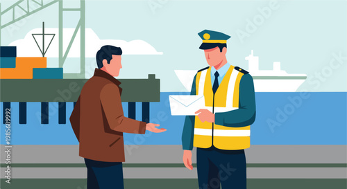 A man talking to a uniformed harbor officer holding an envelope at a busy port