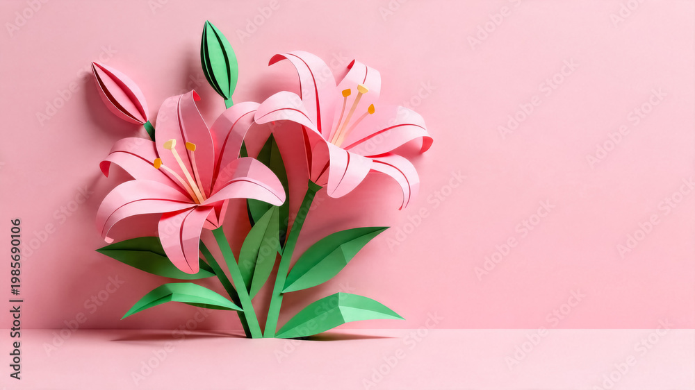 Obraz premium Pink Paper Art Lilies on Pink Background