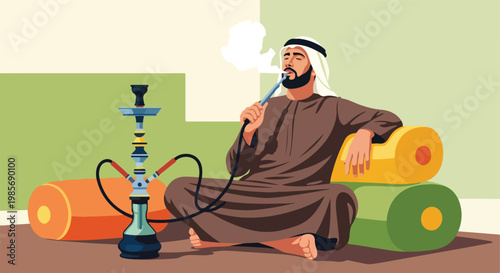 A man in traditional Middle Eastern attire smokes a shisha, relaxing on pillows