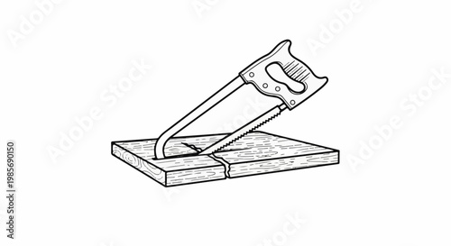 Hand saw cutting a wooden plank with a crack