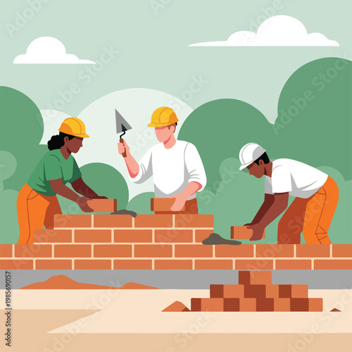 Three diverse construction workers in hard hats building a red brick masonry wall