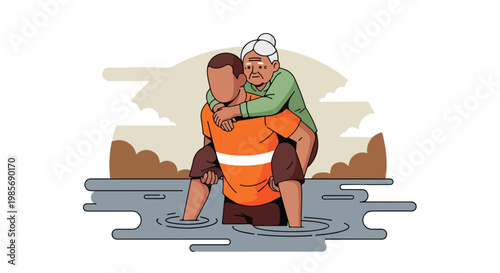 A young man carries an elderly woman on his back through shallow flood waters