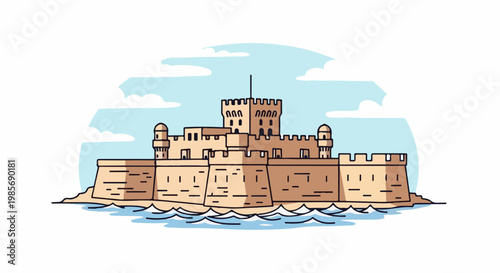 Illustration of a sand-colored fortified structure on the water's edge under a sky