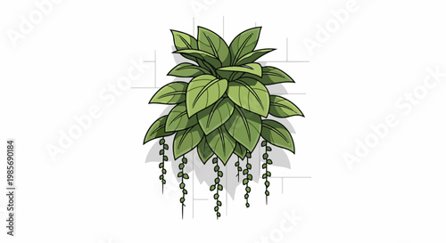 Lush green hanging plant with trailing vines against a light brick wall