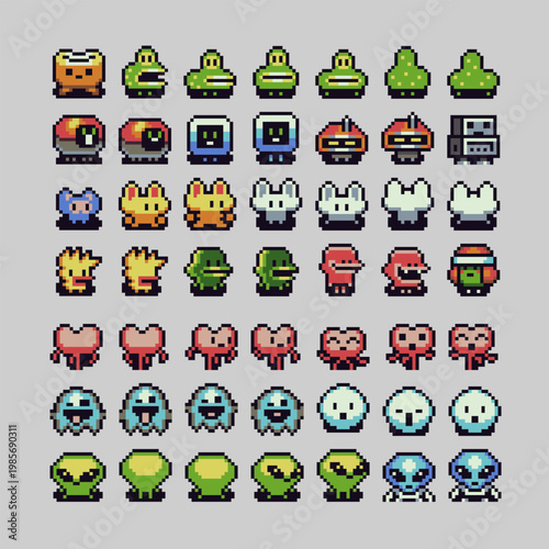 Cute pixel art avatar set in retro 8-bit style featuring diverse characters, creatures and professions, faces for RPG games, UI avatars, NPC systems and game interface design.