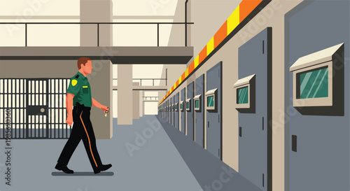 A prison guard in uniform walks through a hallway lined with metal jail cells