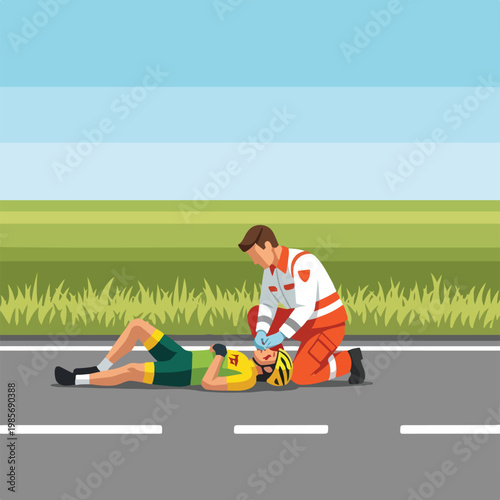 A paramedic provides medical assistance to a fallen cyclist on the roadside path