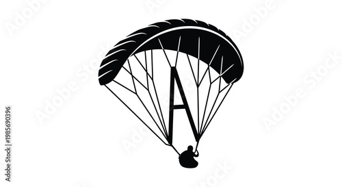A striking black graphic depicts a paraglider in flight with a person suspended below silhouette high quality professional