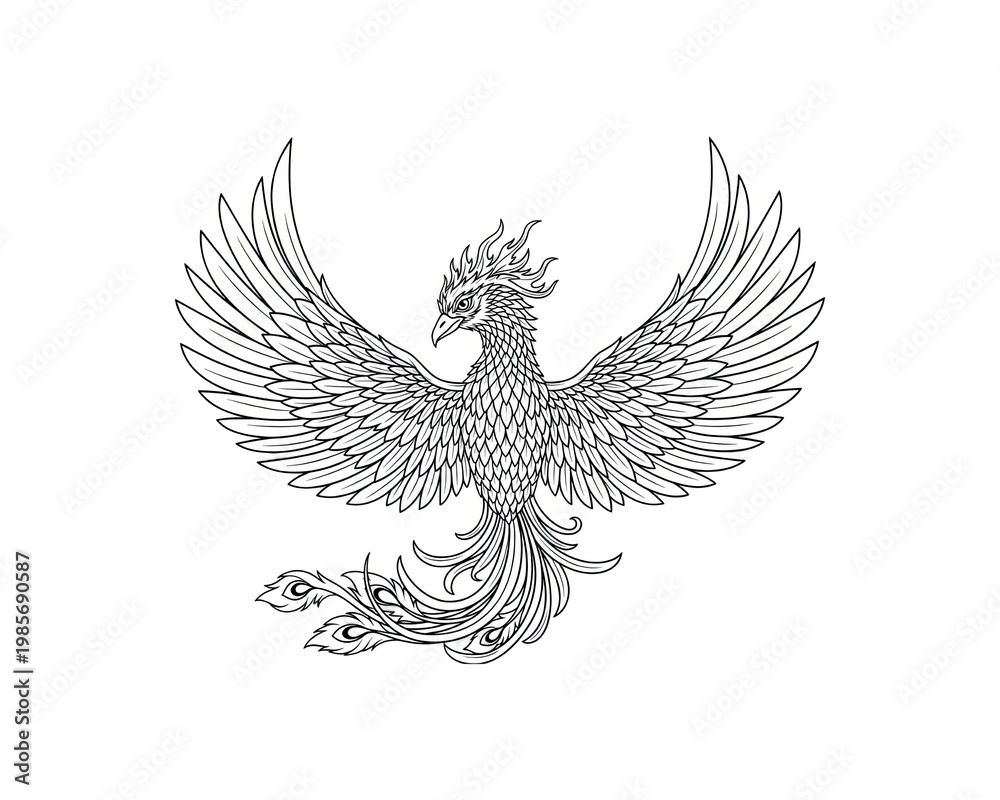 Obraz premium Phoenix with spread wings, ornate tail, line art for coloring book, mythical creature