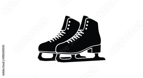 A striking black silhouette depicts a pair of ice skates with visible laces and blades showcasing winter sports equipment silhouette