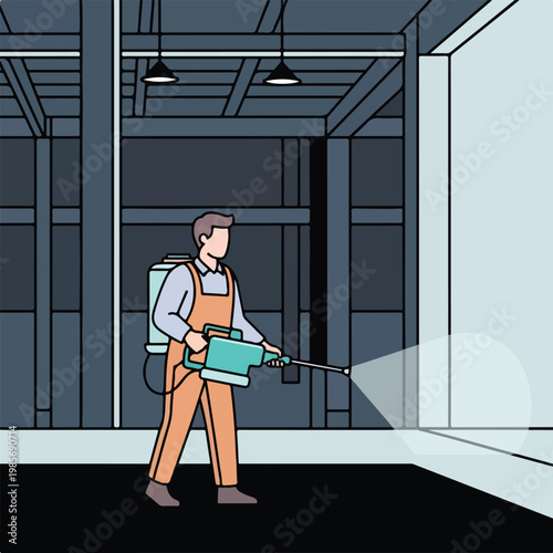 Worker in uniform using a disinfectant sprayer in an indoor industrial facility