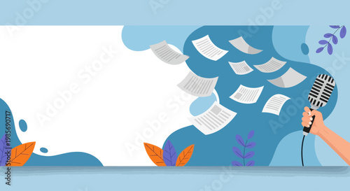 Microphone Flying Papers Press Freedom Day Flat Vector Banner