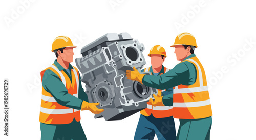 Three construction workers in safety gear lifting a heavy metal vehicle engine