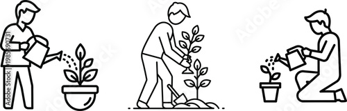 Three figures gardening a black and white illustration of horticultural activities