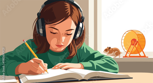 A girl wearing headphones writes in a notebook with a pet hamster nearby