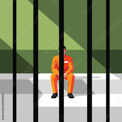 A prisoner in orange jumpsuit sits alone behind the black vertical metal bars