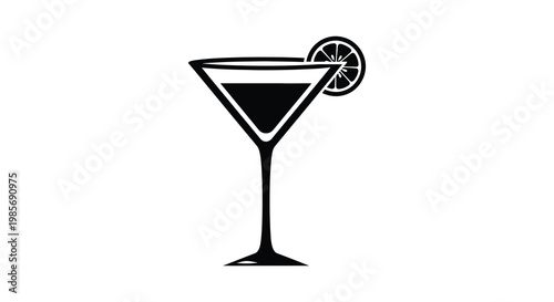 A sleek black martini glass is depicted with a citrus garnish creating a striking visual silhouette high quality