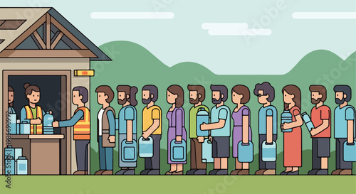 People queuing to receive water jugs from a distribution center in a flat style