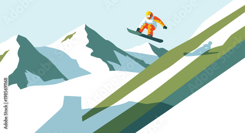 A snowboarder jumps high above a snowy mountain slope with a clear blue sky