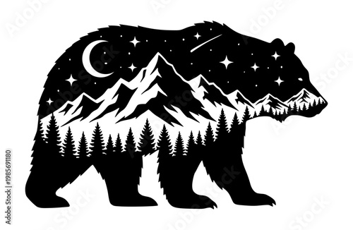 Bear Silhouette With Mountain Landscape Forest And Night Sky Inside, Wilderness Nature Scene Double Exposure Graphic Design