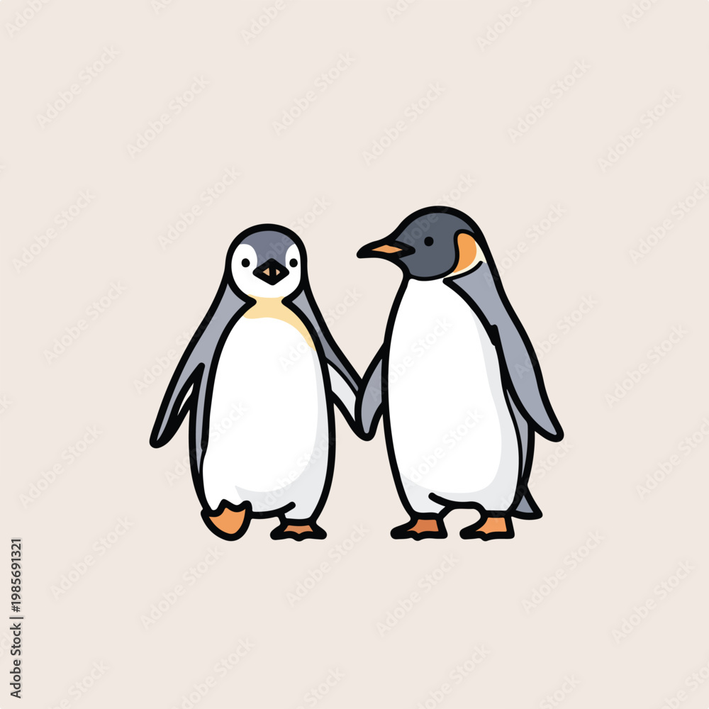 Obraz premium A cute, flat-style illustration of two cartoon penguins holding flippers together