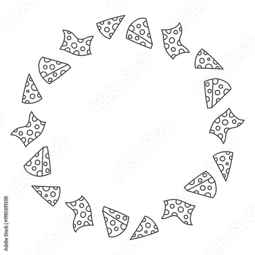 Cheese Slices Round Border. Dairy product circle frame with hand drawn doodle pieces and holes. Line art Template with copy space for text. Vector illustration