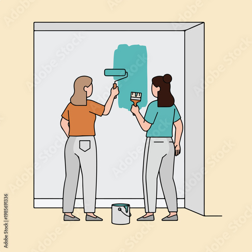 Two women working together to paint an interior wall with a roller and brush