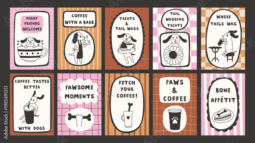 Dog Cafe Typography Poster Set. Modern Vintage Puppy Food Coffee and Snack. Pet Restaurant Illustration Collection. Cartoon Dachshund and funny text