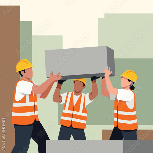 Three construction workers in yellow hard hats lifting a heavy gray concrete block