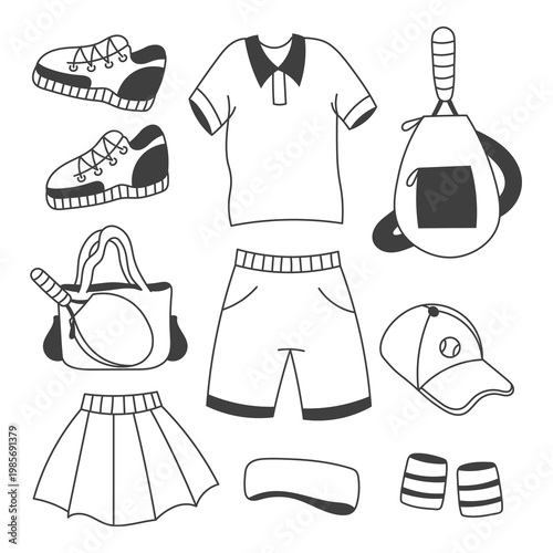 Tennis Uniform Set. Hand Drawn Sport Game Design Elements collection. Athletic apparel clothing Garment and accessories. Vector illustration. Doodle style 
