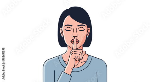 A woman with closed eyes holds her index finger to her lips in a hush gesture