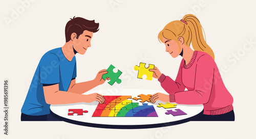 A man and woman work together to assemble a colorful rainbow jigsaw puzzle