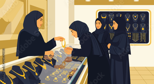 Women in abayas shopping for gold necklaces and rings in a jewelry store shop