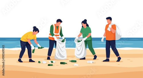 Four people wearing gloves work together to clean trash from a sandy beach shore